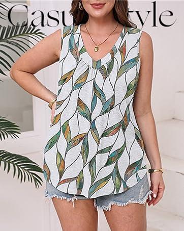 WIHOLL Tank Top for Women Loose Fit Sleeveless Shirts V Neck Summer Clothes Ruched Women's Tees and Tanks Curved Hem