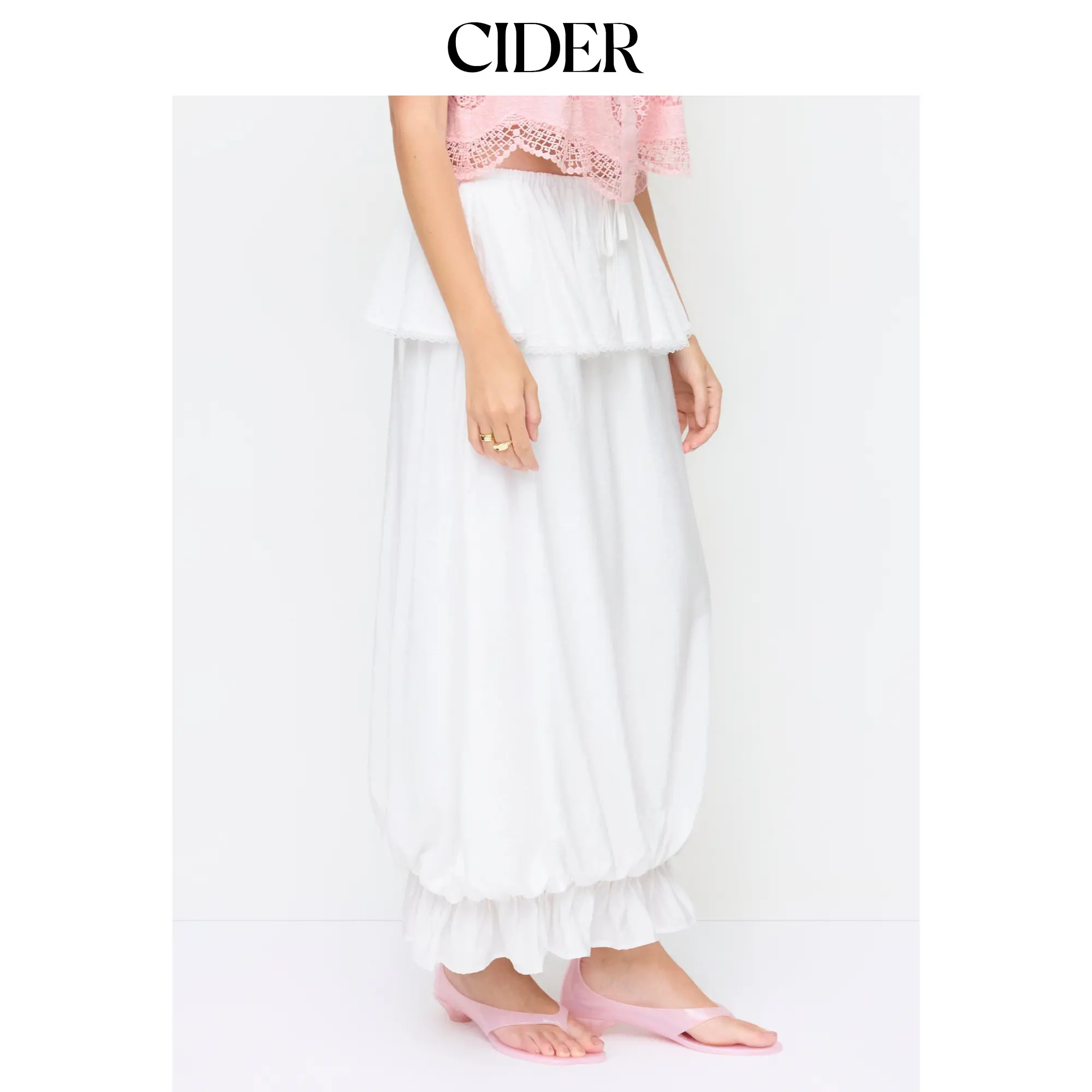 Cider Mid Rise Ruffled Bubble Maxi Skirt