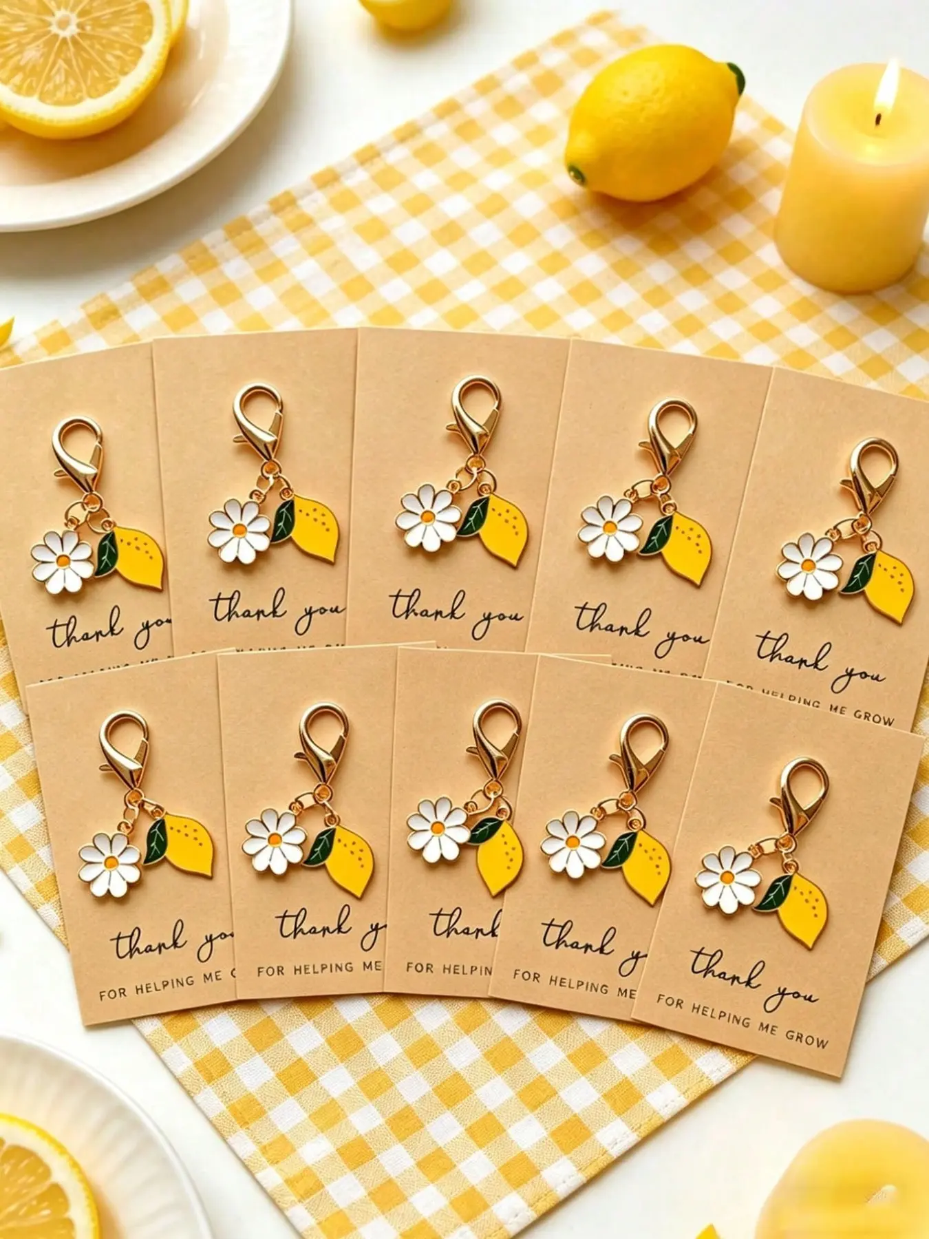 10pcs Lemon Theme Keychain Set, Keyrings, Key Rings with Thank You Cards, Cute Cartoon Lemon and Floral Patterns, Ideal Gift for Various Occasions