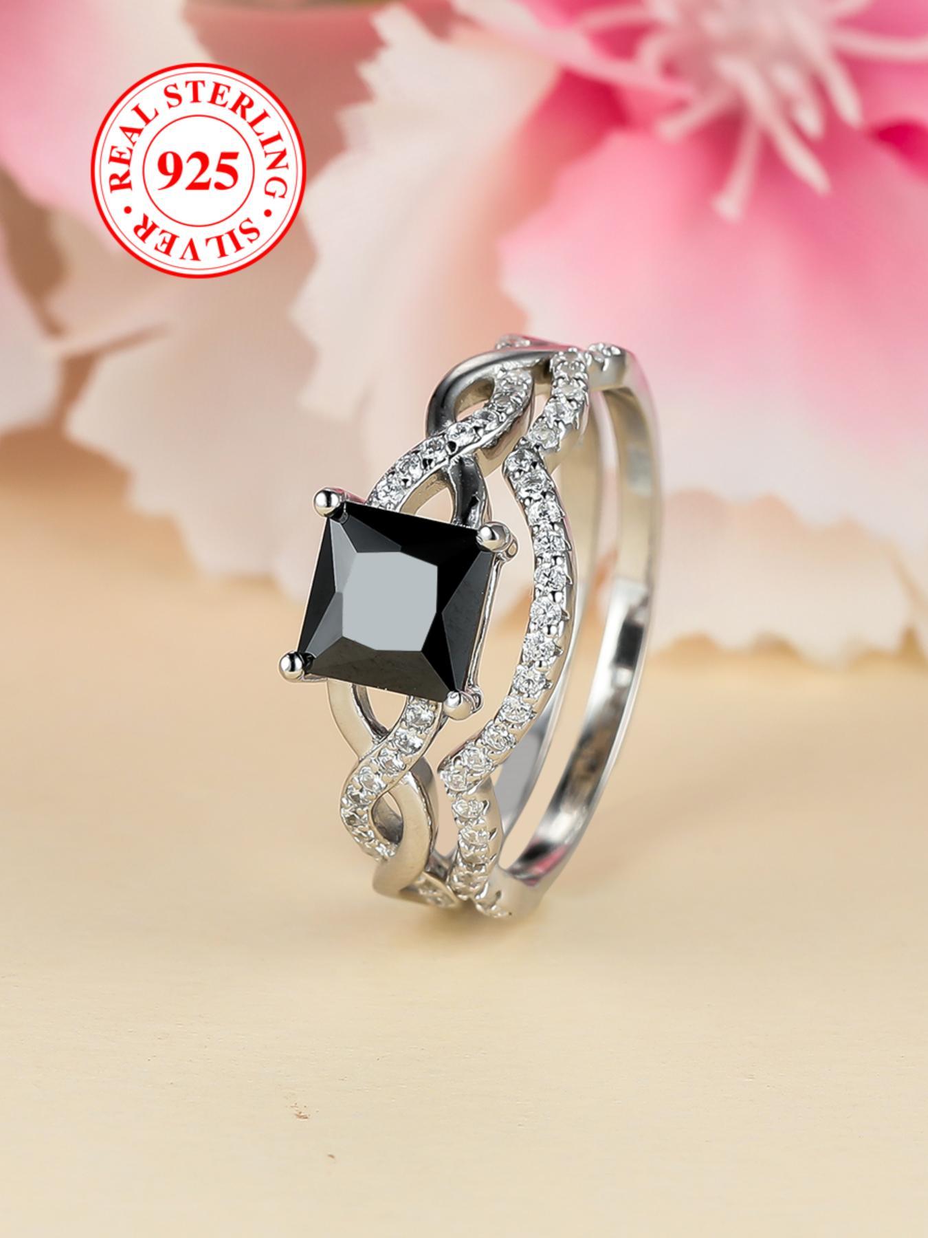 S925 Sterling Silver Square Shaped Artificial Zircon Decorated Ring Set, 2 Counts Stackable Rings for Women, Elegant Jewelry for Party, Daily Decor, Exquisite Jewelry for Birthday Gift, Statement Rings