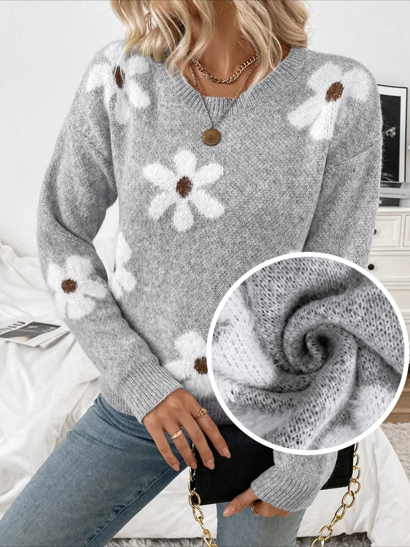 Women's Y2K Floral Knit Sweater, Long Sleeve Fitted Top, Soft Textured Fabric, Perfect for Spring & Fall, Casual Daily Wear