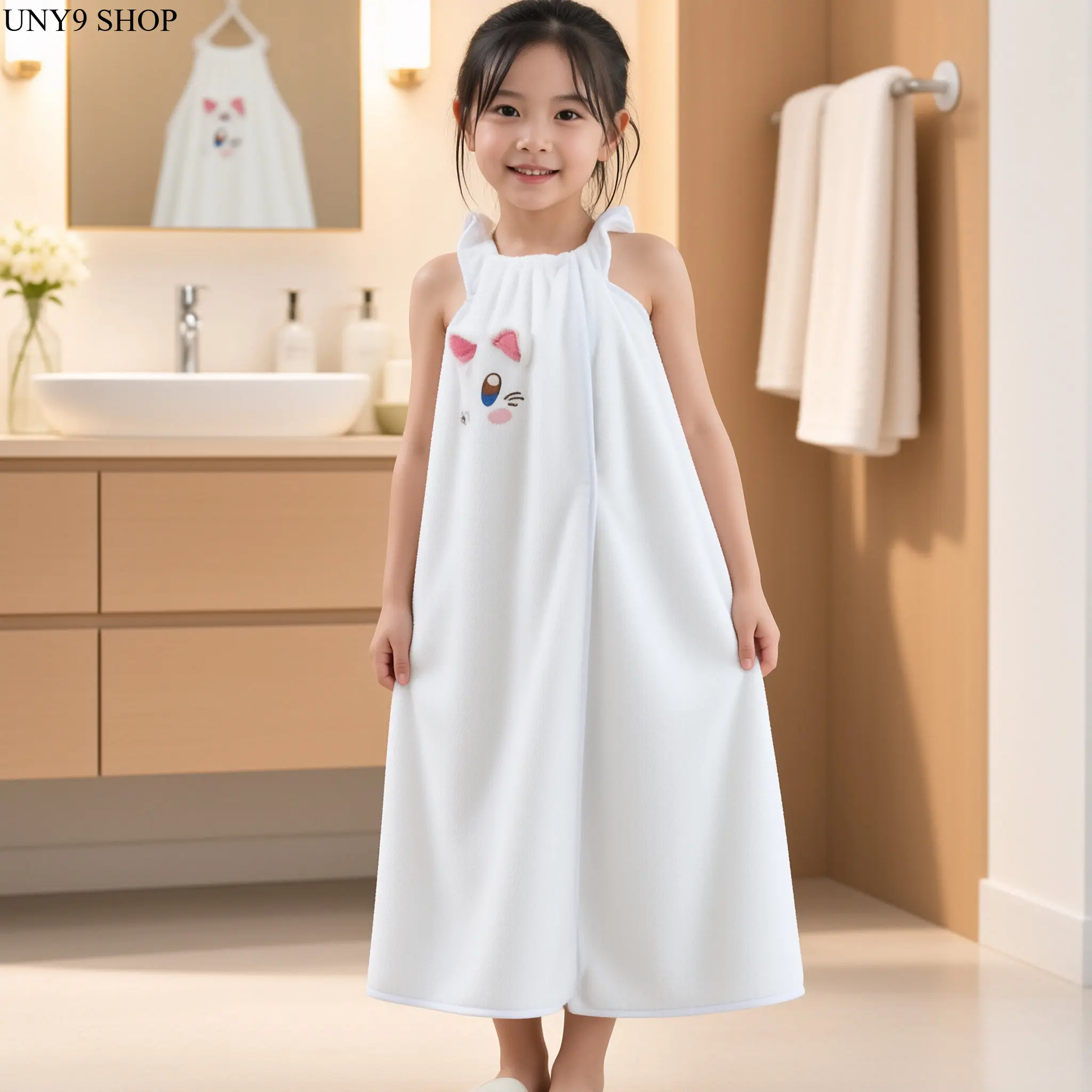 Wearable Bath Towel Wrap, Coral Fleece Bunny Embroidered Towel Dress with Sleeveless Design, Ultra Absorbent Lint-Free Bathrobe for Shower, Pool, Bathing, Beach & Home
