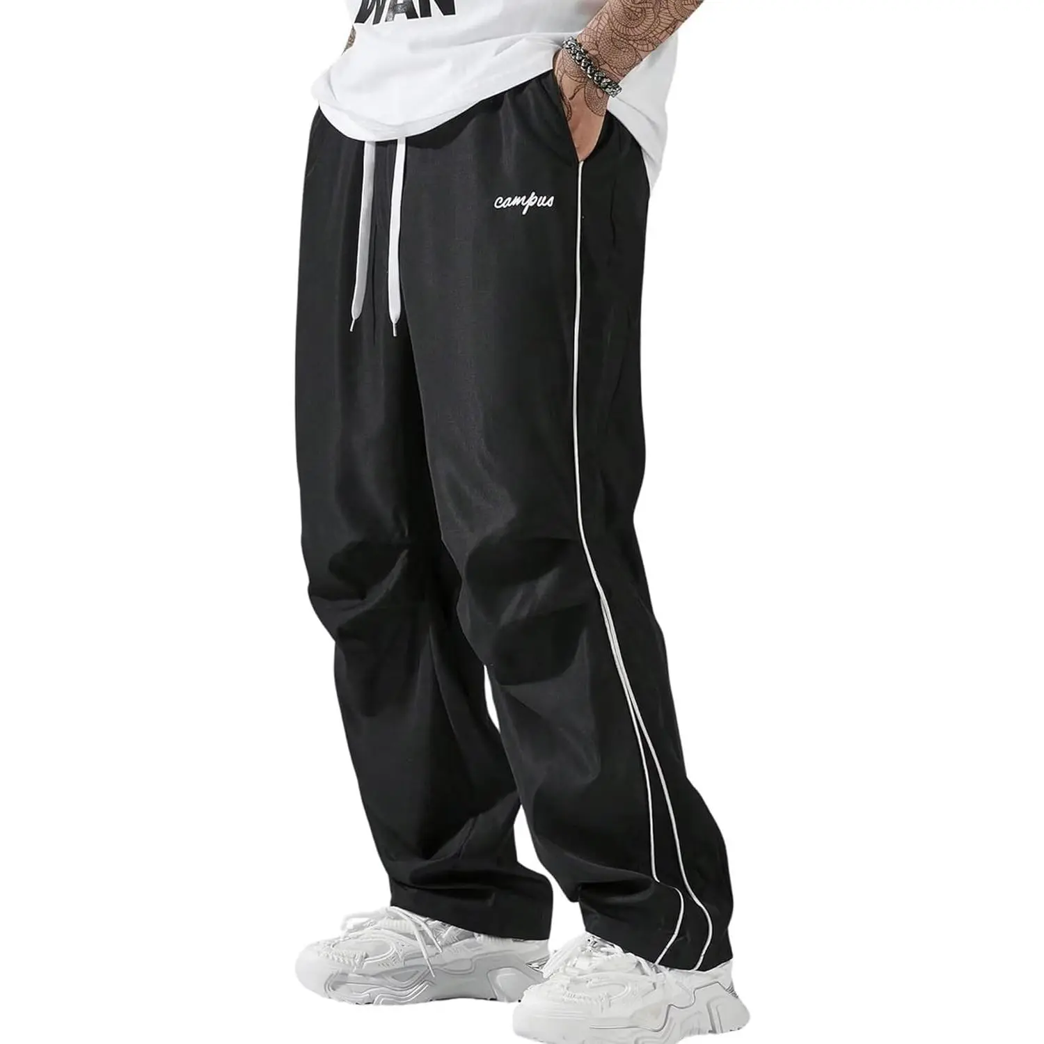 FCOOLYEET Men Track Pants Y2k Drawstring Lightweight Sweatpants Wide Leg Cool Parachute Pants Streetwear