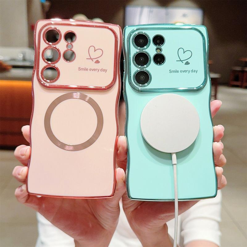 OREKROY【Freeship】Case for Samsung S25 Ultra Plus S24 S23 S22 ,Soft Wave Frame Curly Shape Magnetic Cute Love Heart Plating Phone Case with Raised Camera Lens Protection,Compatible with MagSafe Wireless Charging, Shockproof Back Cover for Women Girls