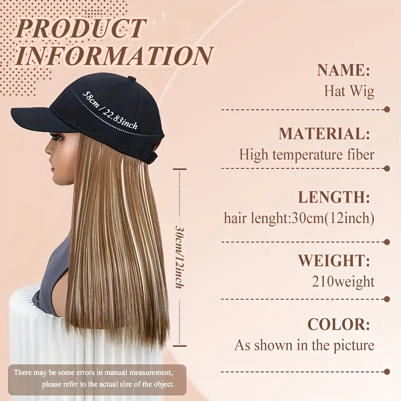 Women's synthetic wig hat, long straight black hair, baseball cap with hairpiece, stylish and convenient all-in-one design