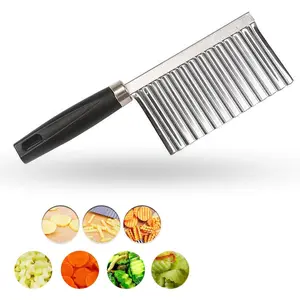 Crinkle Cutter Knife Stainless Steel Cutting Tool for Potato Carrot Chip Vegetable French Fry, Wavy Chopper Wave Slicer Steel Blade, Kids Lunch Accessories (Black Handle)