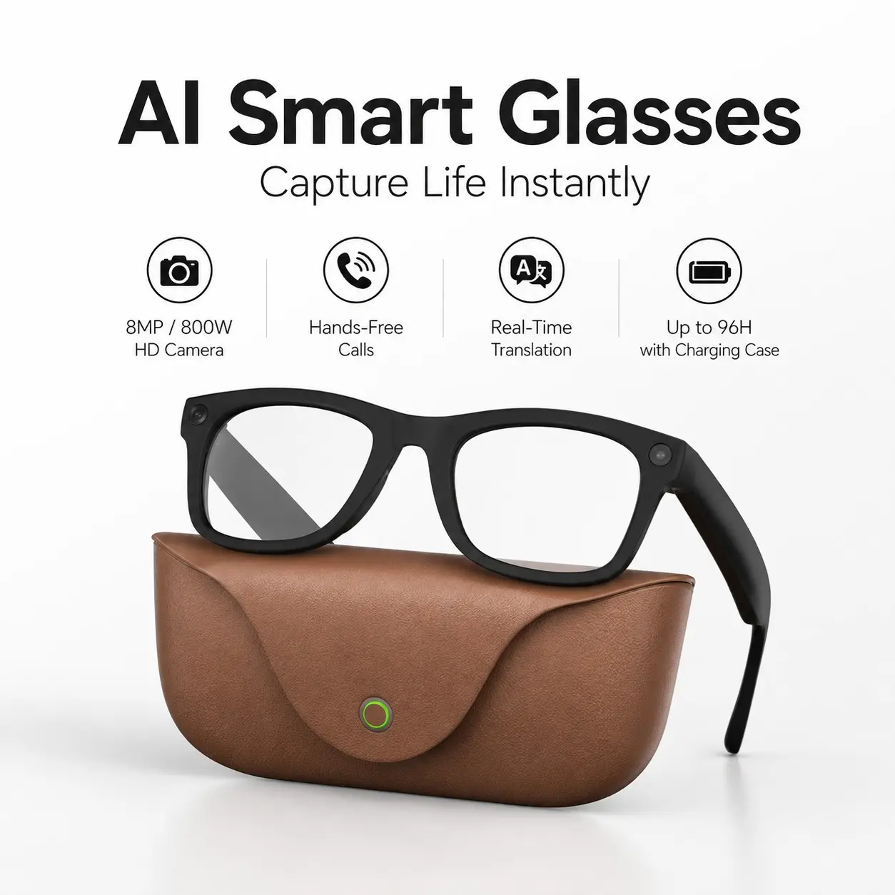 HD Stabilized Video Smart Glasses 2026 AI Smart Camera Glasses, Voice Control, Wearable Travel & Outdoor Tech, 1080P Stabilized Video, 8MP HD Lens, Bluetooth Calling, Real‑Time Translation, Portable Charging Case