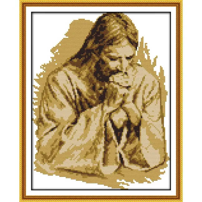 Cross Stitch Kit for Beginners, Printed Complete DIY Embroidery Set with Pattern & Tools, Premium Aida Cloth & Threads The Praying Jesus DIY Easy art kit complete set full set pattern present decoration scenery Animal portrait