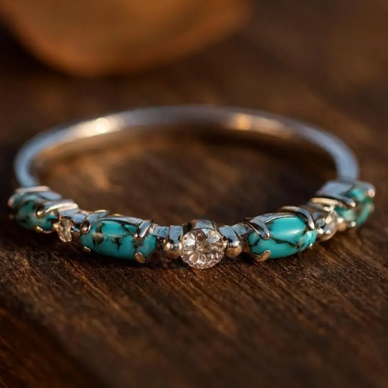 Boho Vintage Unique Silvery Oval Artificial Turquoise Inlaid Cubic Zirconia Rings Western Vintage Women Fashion Jewelry Daily Vacation Gift From A Best Friend