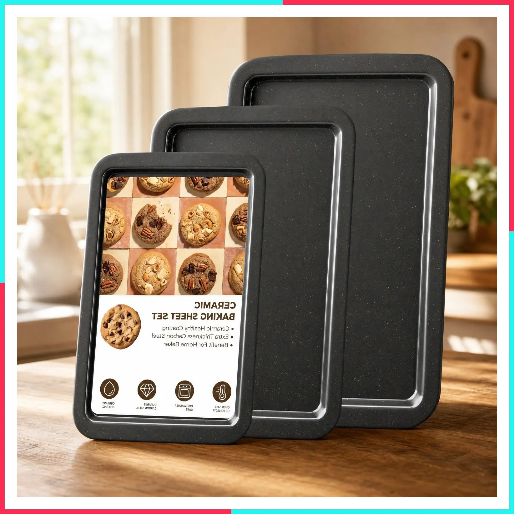 Ceramic Nonstick Baking Sheet Pan Set of 3, Half/Jelly Roll/Quarter Cookie Sheets for Oven, Wider Grips, Non-Toxic, Easy to Clean, Premium Dark Grey