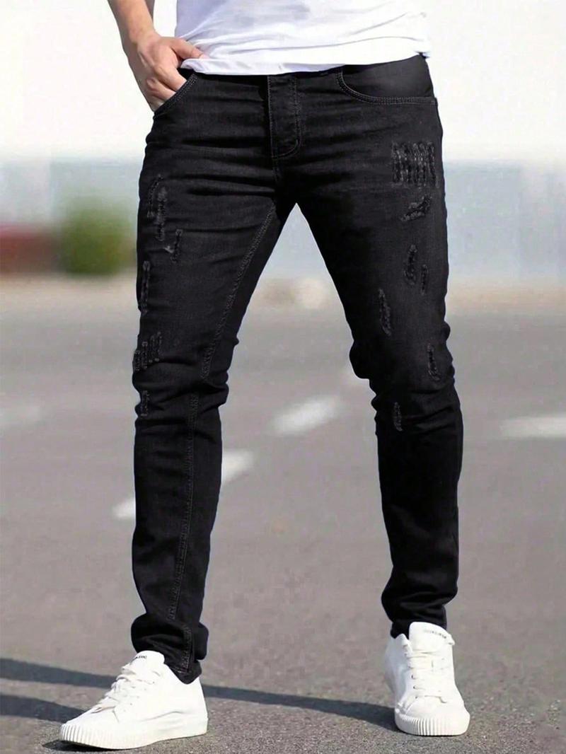 Men's Ripped Straight Leg Pocket Design Denim Jeans, Casual Comfy Regular Fit Jeans for Daily Wear, Fashion Men's Bottoms for All Seasons