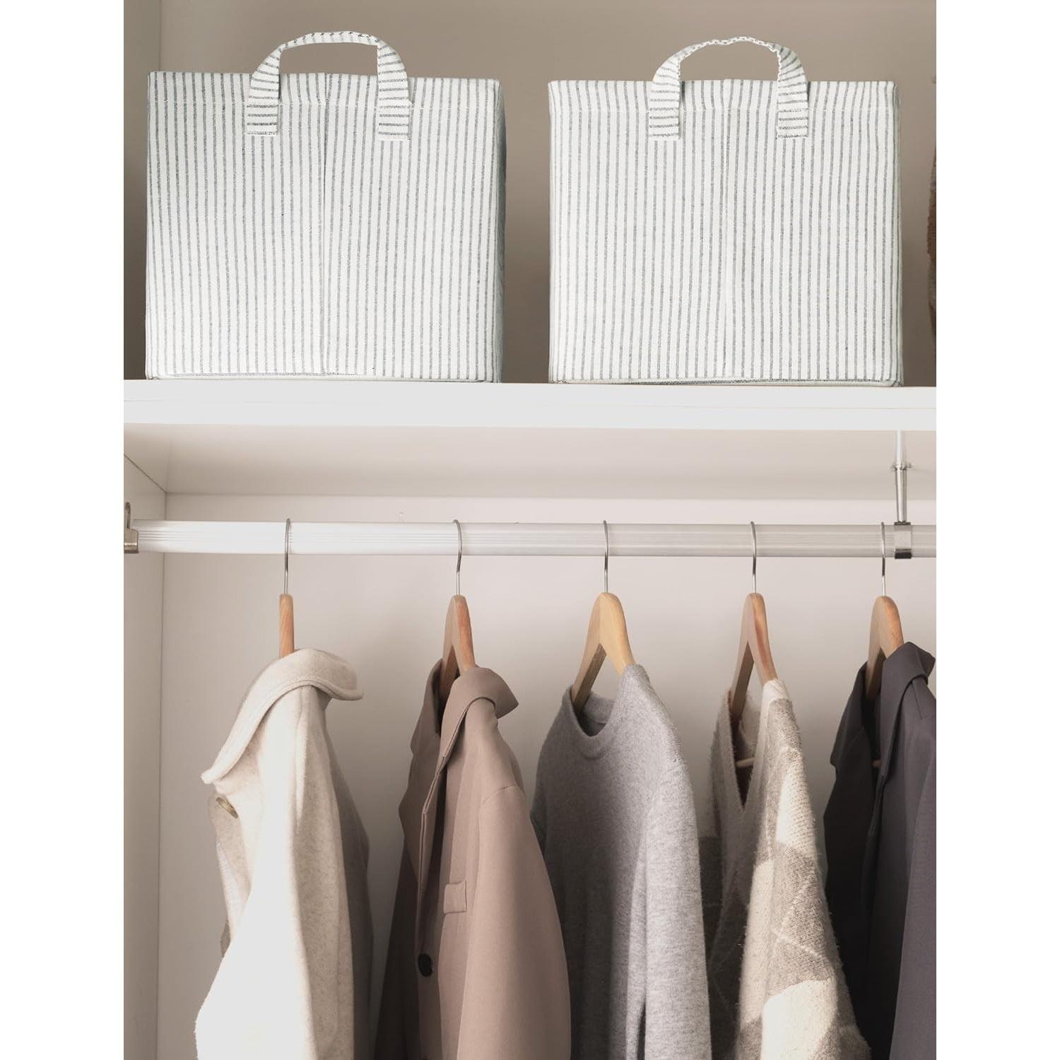 2-Pack Large Fabric Storage Bins for Shelves, Khaki and Beige Striped Storage Baskets with Metal Frame and Handles, Foldable Closet Organizer Bins