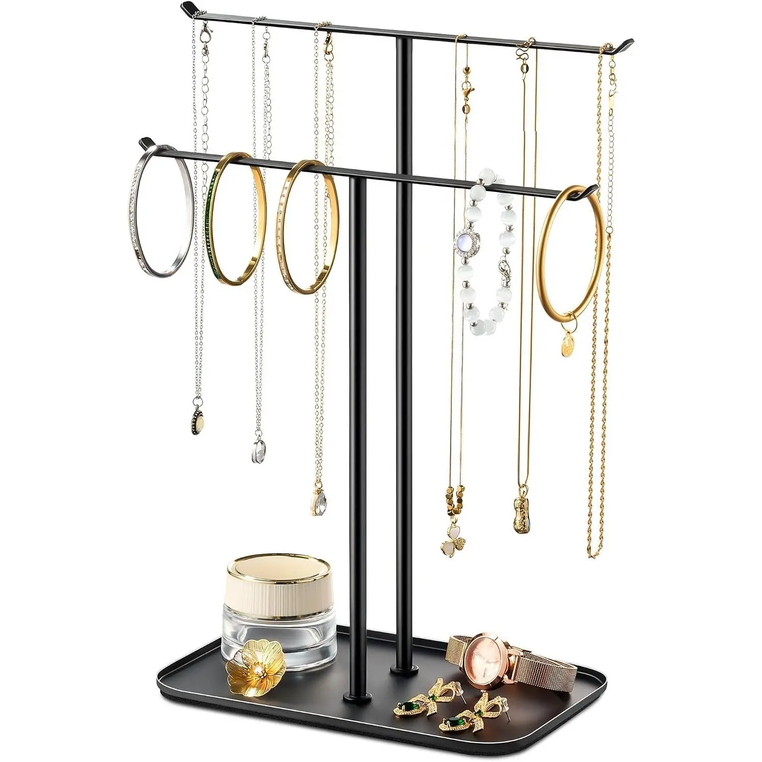 Necklace Holder  Organizer Stand – 2‑Tier T‑Bar  Display Tree with Tray for Countertop Necklace Bracelet Earring Storage,  Dresser Bathroom Sink, Black