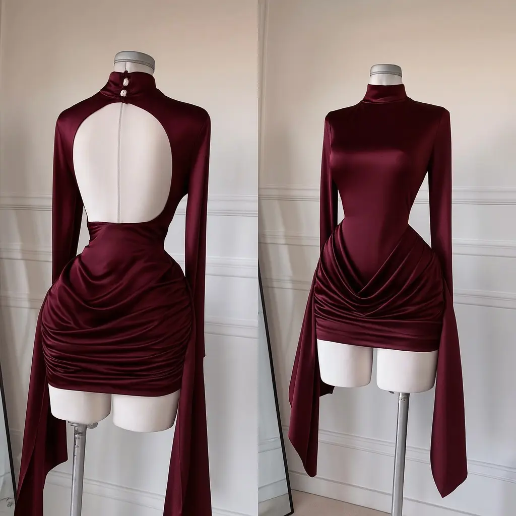 Women's Slim Ruched Longsleeves Mock Neck Bodycon Mini Dress - Stretch Polyester, Backless, Soft, Elegant, 3XL Coffee Casual Clubwear for Parties, Evening Going Out, Full Sleeves, Mini Hem