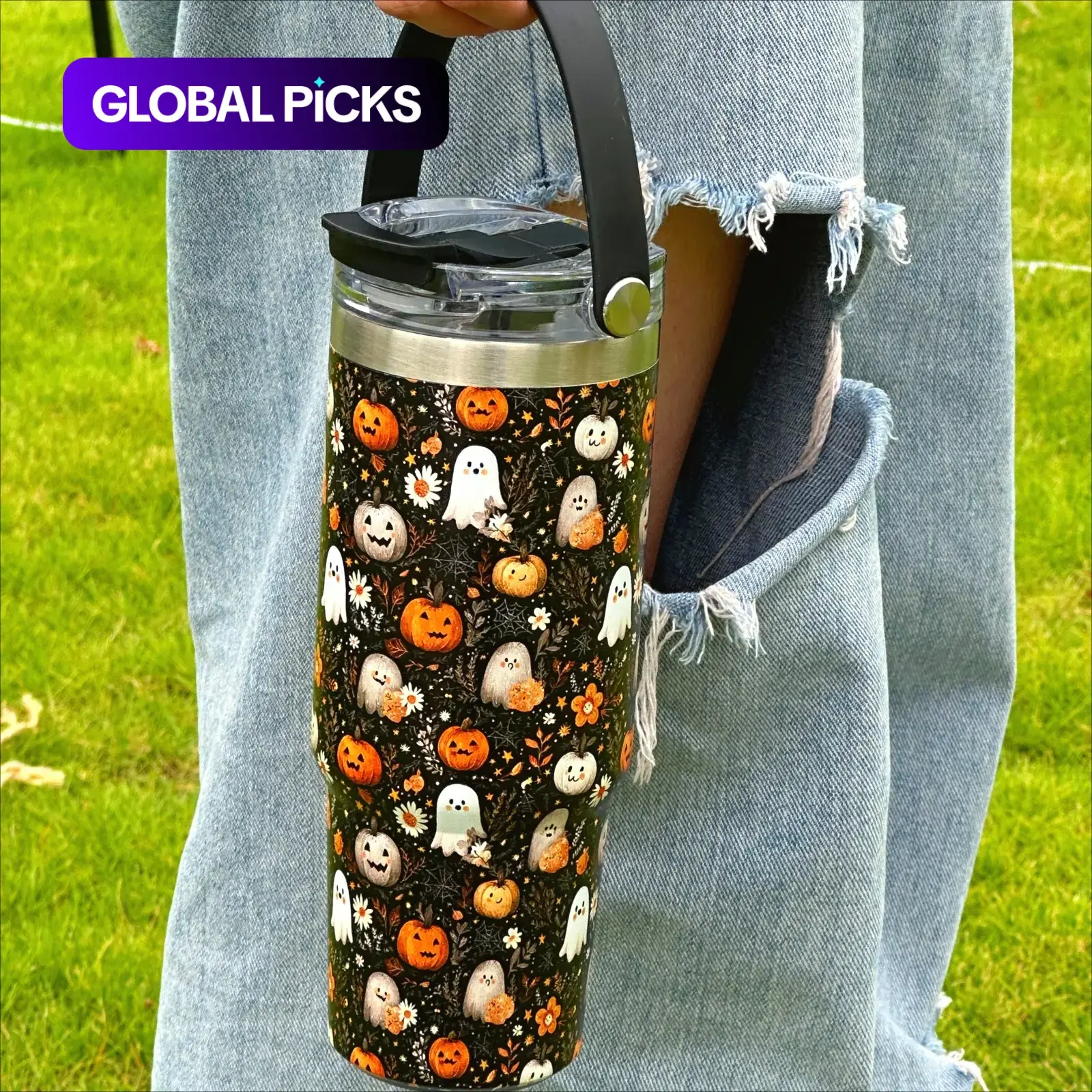 1 Count 30oz Insulated Water Cup, Halloween Ghost Pattern Double-Wall Vacuum Tumbler with Leak-Proof Lid, 12h Warm Retention and 24h Cold Retention, Fall Holiday Tumbler Gift for Women and Men, Spooky Style Drinkware