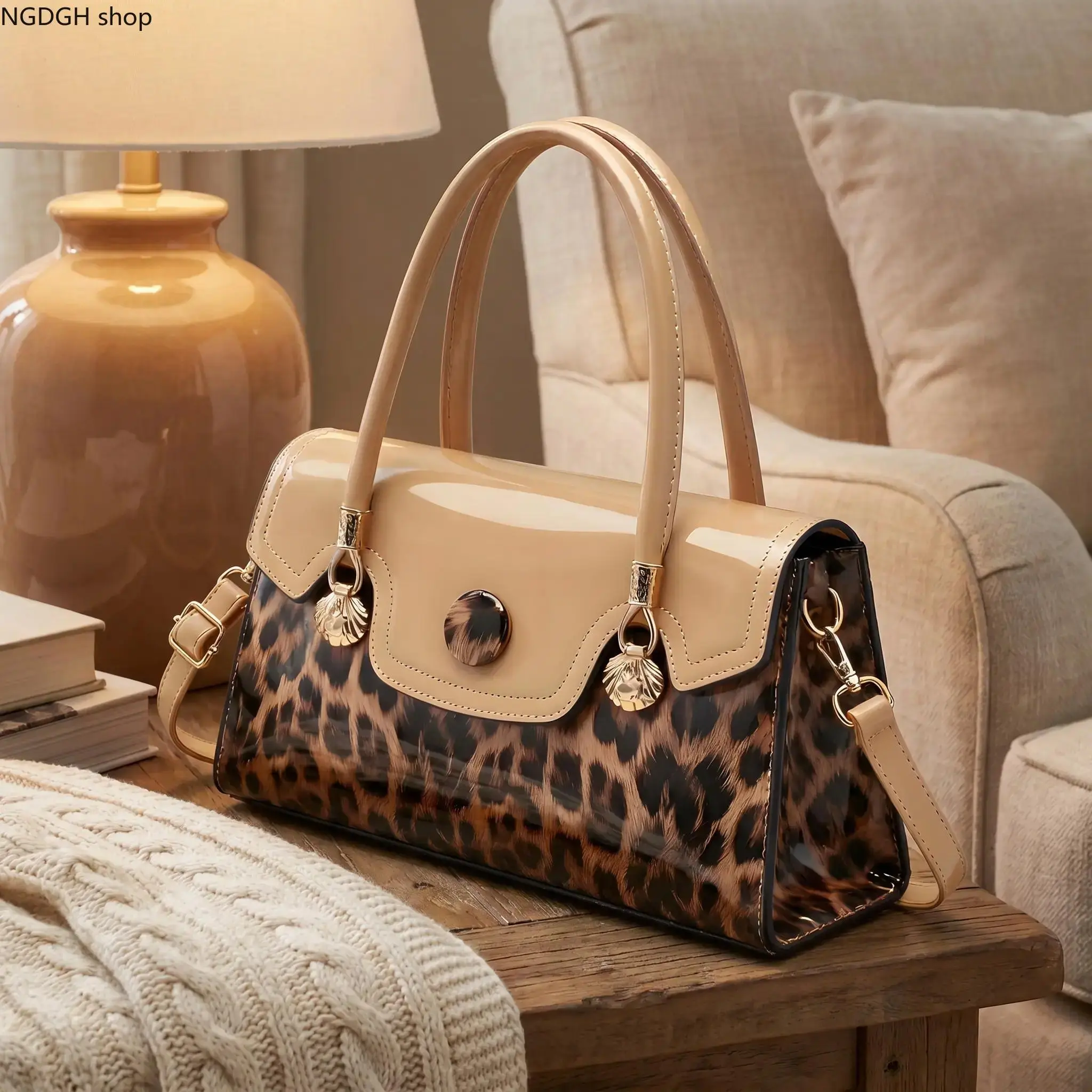 Women's Leopard Print Tote Top Bag - Patent Leather Glossy Nude Shoulder Carry Purse with Shell Decor, Crossbody Satchel for Party Work, Trendy Luxury Handbag, 1Pc