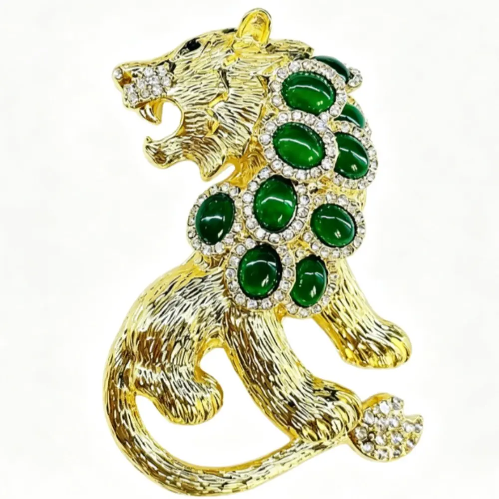 Gold Roaring Tiger Brooch Set Oval Green Cabochon Stones Surrounded By Clear Crystal Wild Animal Pin