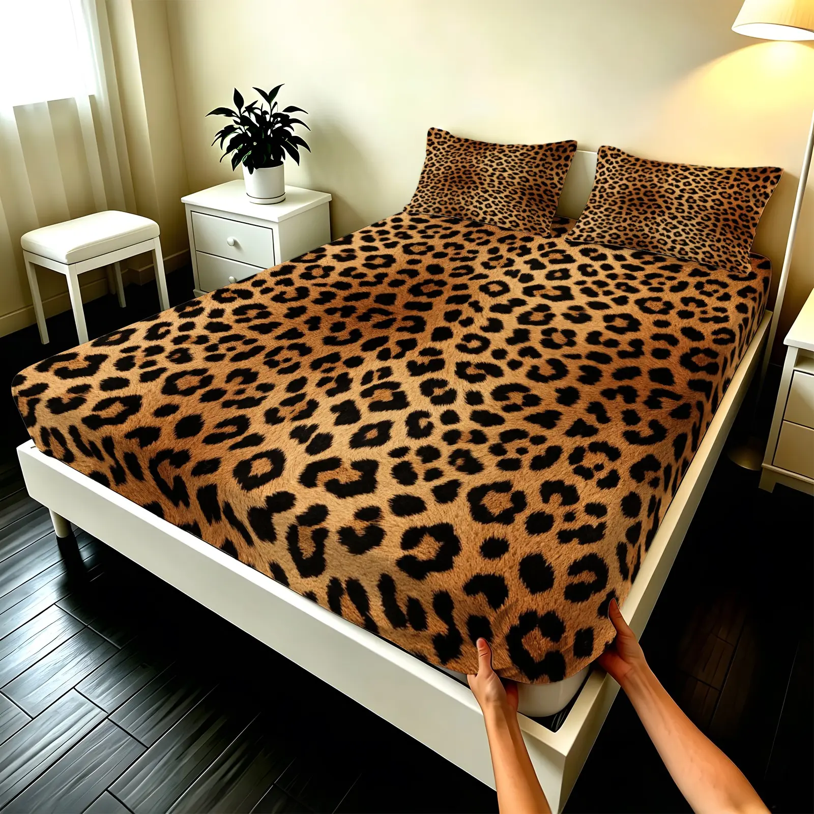 3PCS Classic American Retro Leopard Print Fitted Sheet Set, Soft Fiber Deep Pocket Wrinkle Resistant Bedding for Bedroom Dorm, Multi Colors Available