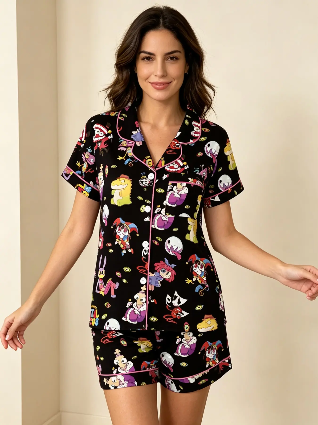 Halloween Pajama Set, Cartoon Theme Short Sleeve Button Front Sleepwear, Fitted Two-Piece, All Seasons Home Wear
