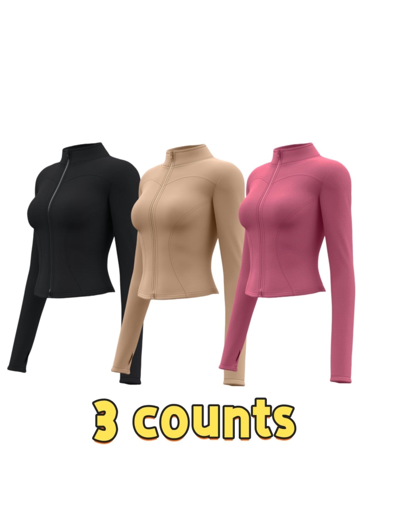 Women's Solid Thumb Hole Zip Up Sports Jacket, Thumb Holes Jacket, Long Sleeve Stand Collar Zip Front Outerwear for Gym Workout Running, Ladies Sportswear for All Seasons