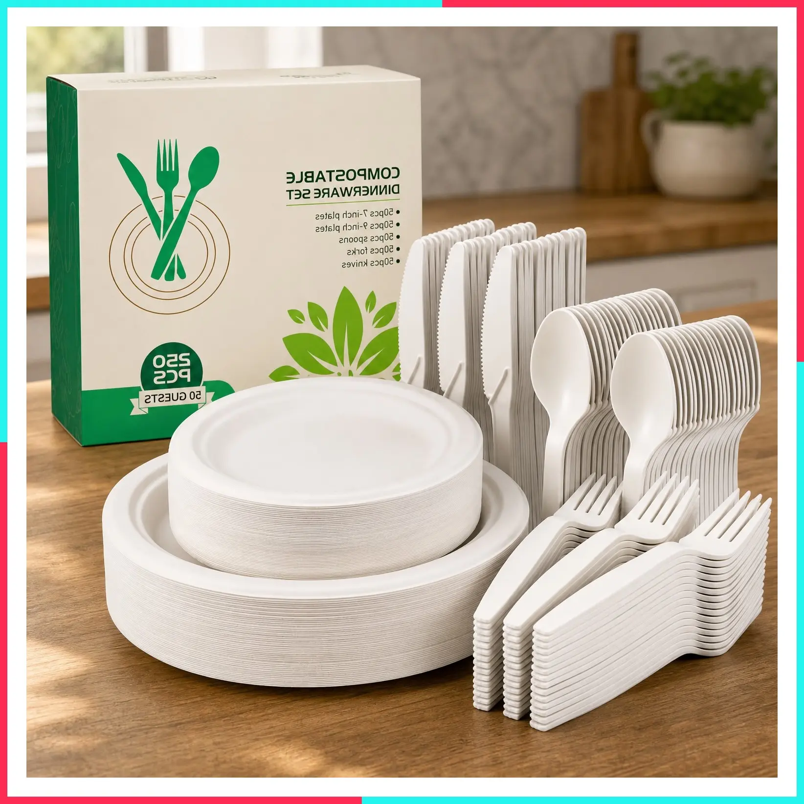250-Piece Biodegradable Paper Plates Set with Extra Long Utensils, Eco-Friendly Compostable Disposable Dinnerware Includes Plates, Forks, Knives and Spoons for Party