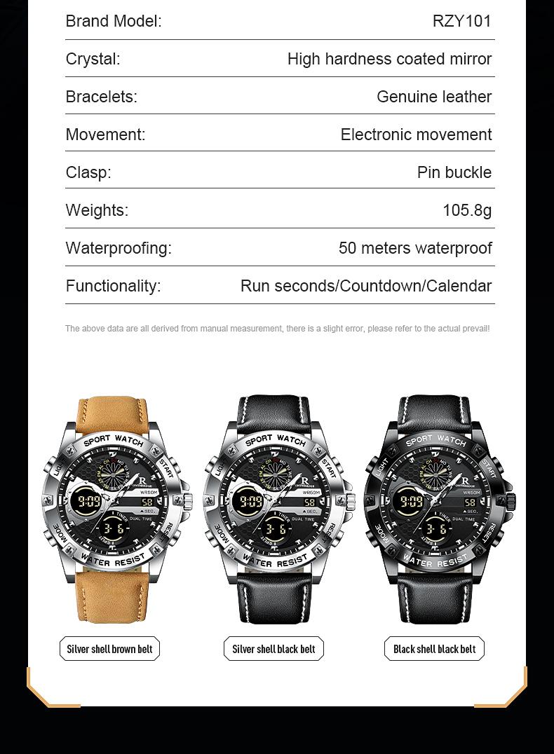 Men's Military Sport Digital Analog Quartz Watch - 50M Waterproof Wristwatch with LED Backlight, Dual Time, Alarm, Stopwatch, Tactical Outdoor Watch for Men, Brown Leather Strap, Perfect Gift for Him