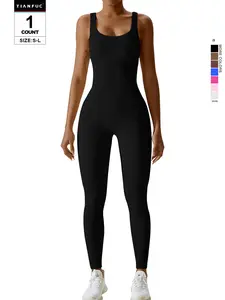 Women Form Fitting Ribbed Tank Sport Jumpsuit, High Elastic Slimming One-Piece Yoga Workout Bodysuit, Casual All-Seasons Jumpsuit