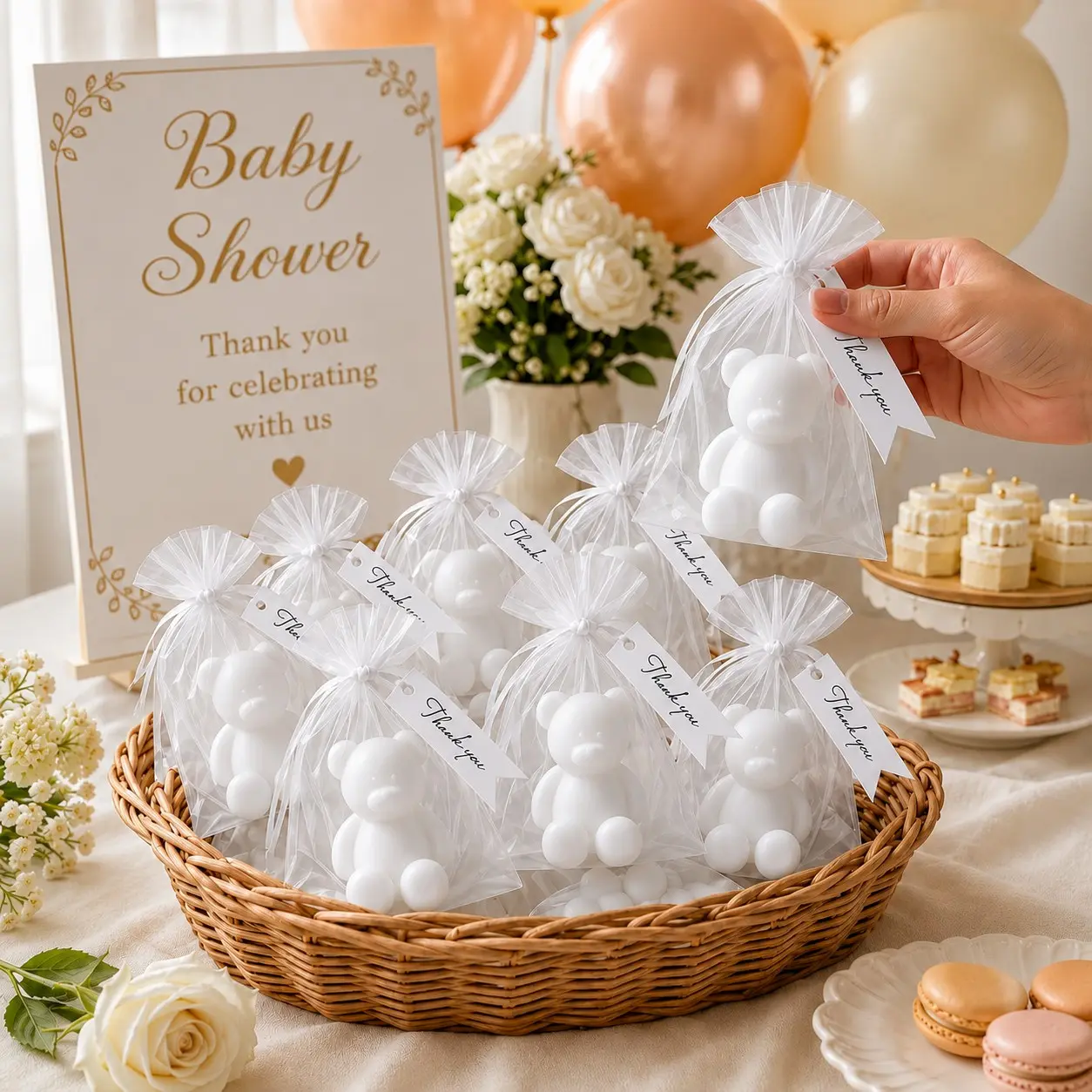 24 Pcs/8 Sets Baby Shower Favors for Guests, White Teddy Bear Candle Gift Sets with White Organza Gift Bags and Thank You Cards, Gender Neutral Baby Shower Gifts, Baptism and Christening Favors, First Birthday Keepsakes