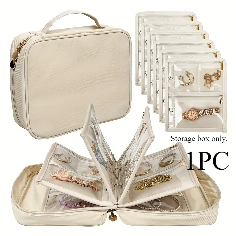 Single Travel Jewelry Storage Roll With 6 Velvet Zipper Pouches For Earrings Necklaces Rings Bracelets