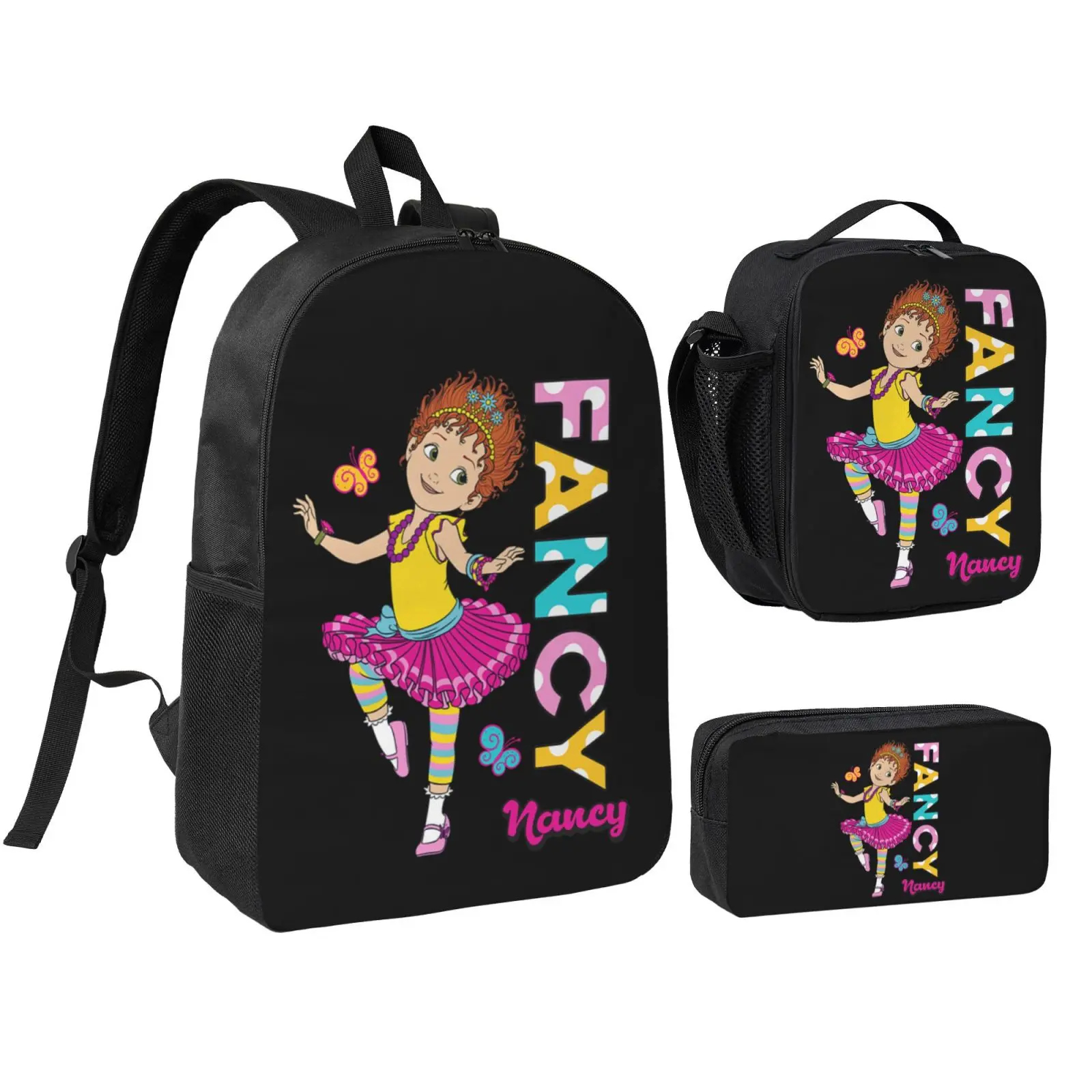 Unisex Polyester Graphic Fancy Nancy2 3-Piece Backpack Set Pack for Teenagers - School Bookbag with Zip Lunch Box, Pencil Case, Adjustable Straps, Waterproof, Holiday, Birthdays Gifts