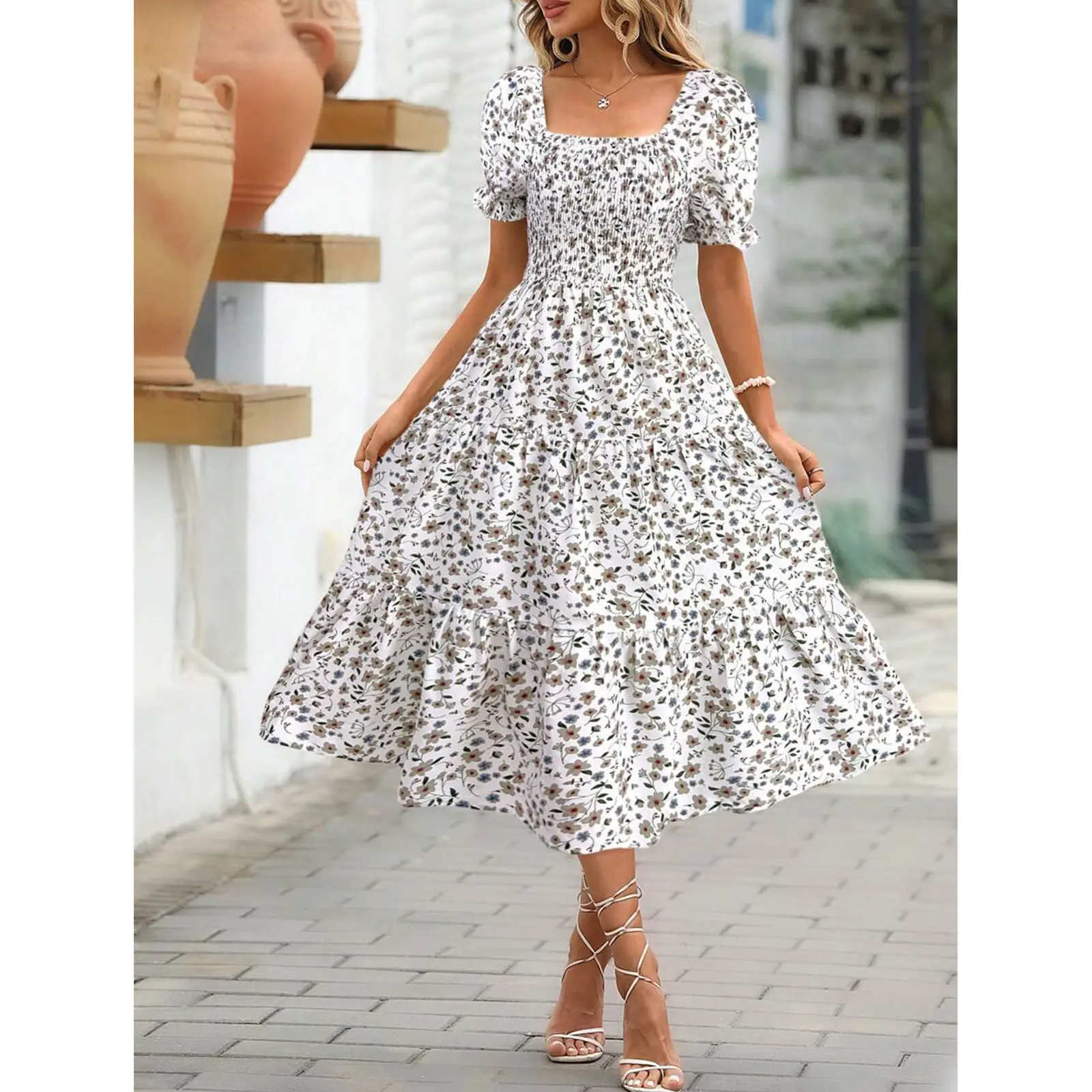 Women Square Neck Puff Sleeve Floral Midi Dress, Smocked Waist Tiered Ruffle Flowy Summer Holiday Casual Dress