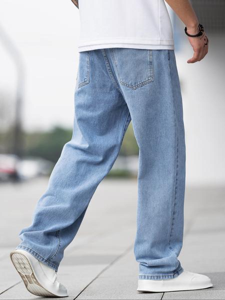 Men's Solid Color Wide Leg Jeans, Loose Casual Comfy Denim Trousers for Daily Wear, Fashion Men's Bottoms for All Seasons