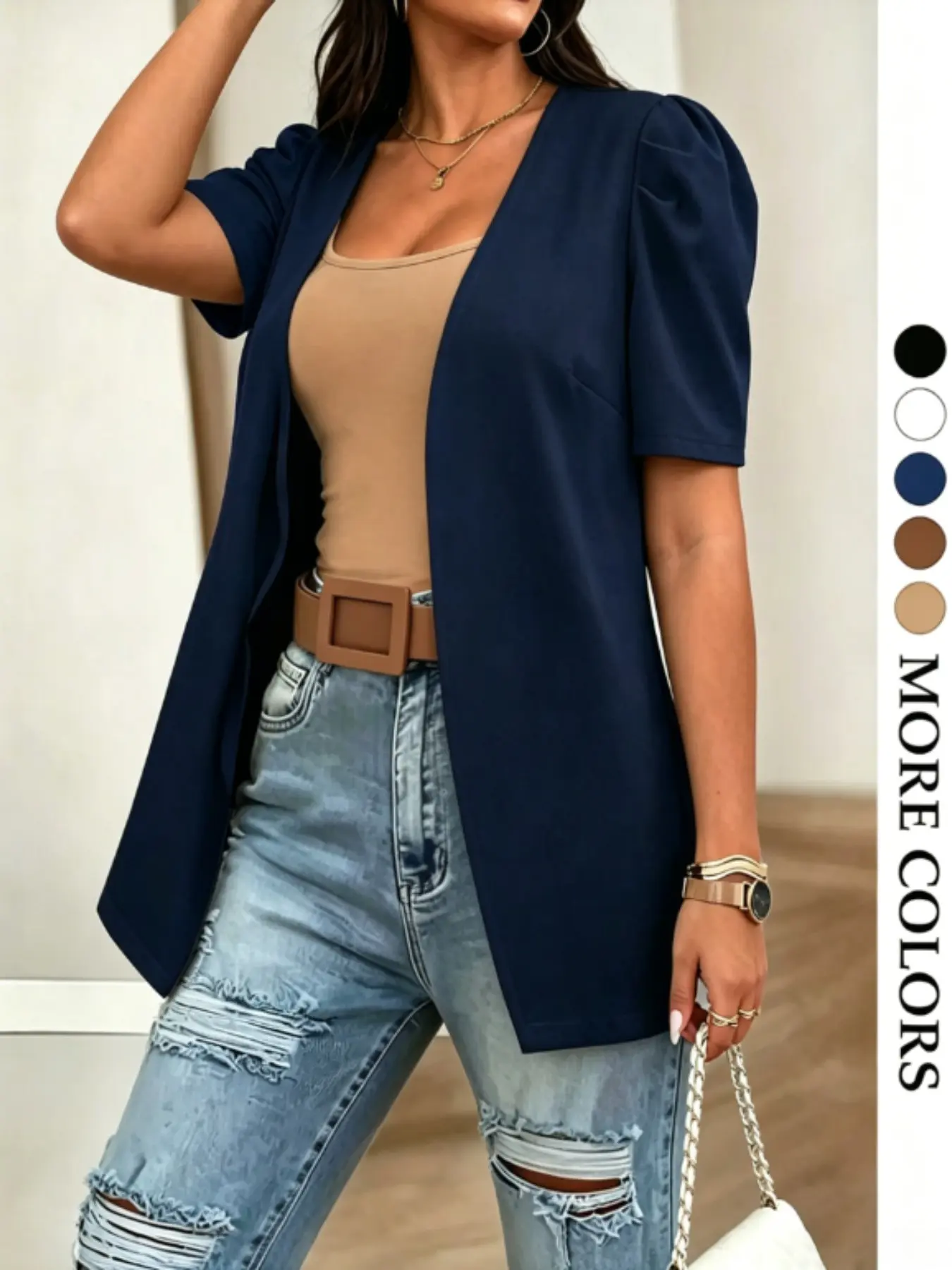 Bubble Sleeve Blazer for Daily Wear, Chic Casual Versatile Jacket, Lapelless Design, Slimming Effect, Suitable for All Shoulder Types
