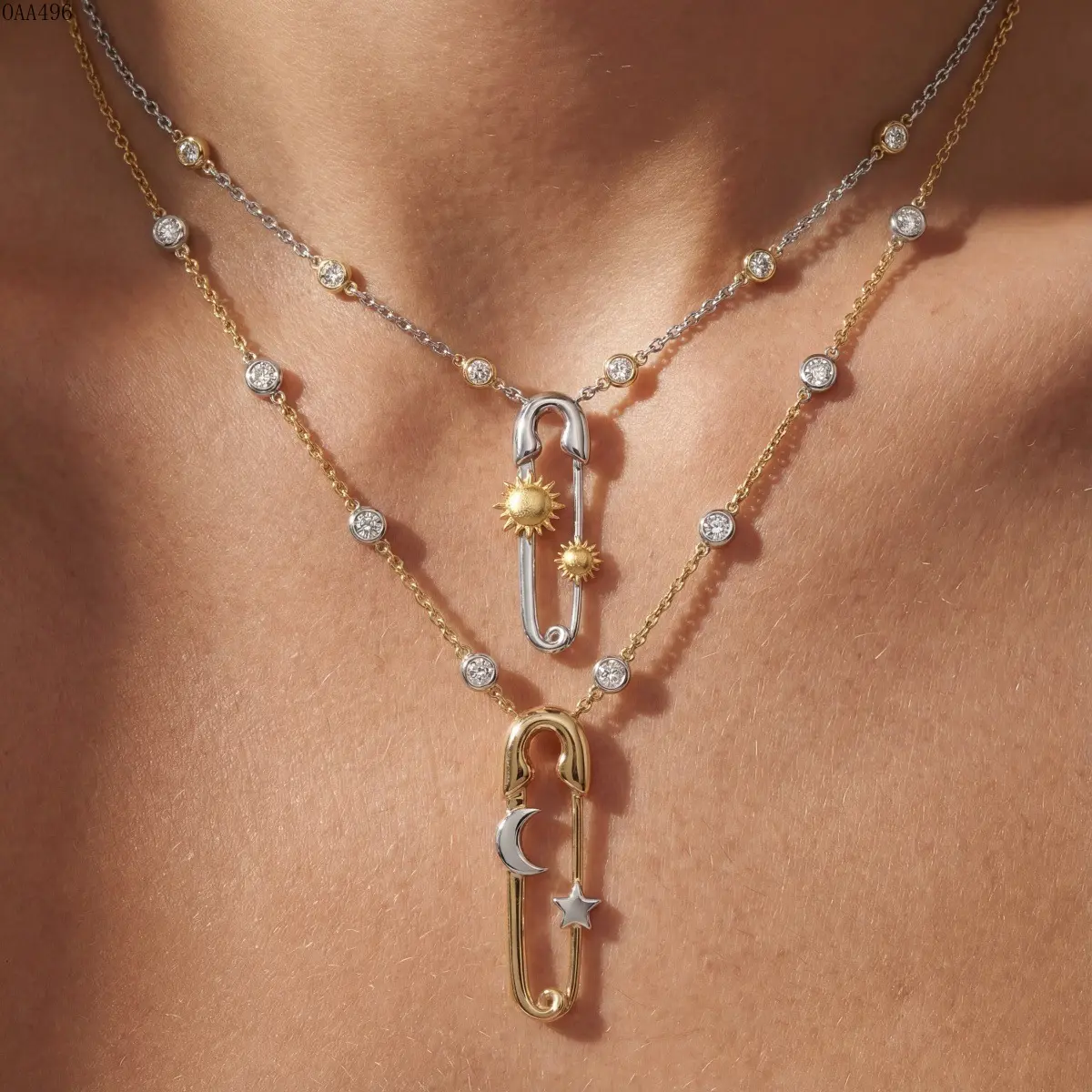 Women's Celestial Safety Pin Necklace - Sparkling CZ Pendant, 10-15mm Copper Base, Gold/Silver Tone Chain, Layering Minimalist DIY Bag Accessory for Daily Wear, Party