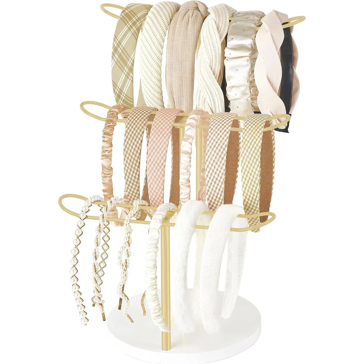 Gold 3-Tier Metal Headband Holder Organizer - Smooth, Hangable Storage Rack with Easy Installation for Women’s Hair Hoops, Hair Ropes, Bracelets, Bangles, Makeup, Cosmetics - Stackable, Multifunctional Decor Unit for Bedroom - Ideal Gift for Wives