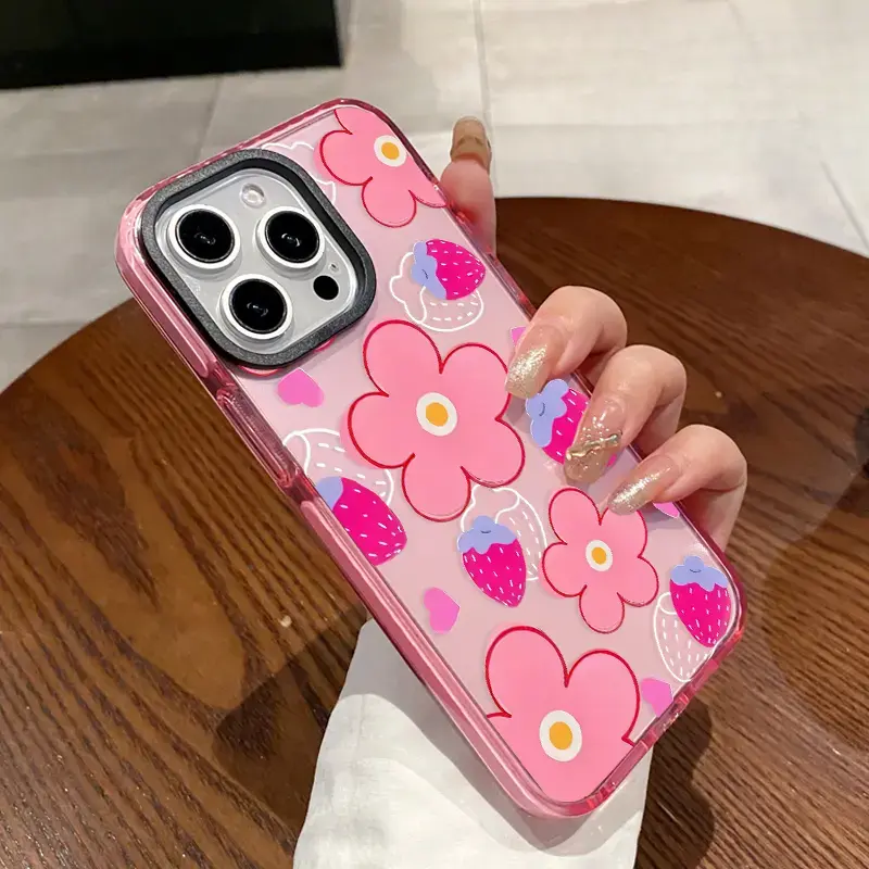 Phone Case for iPhone 16 Plus 15 Pro Max 14 13 12 11 Pink Flower Strawberry Pattern Non-Yellowing Shockproof Soft Silicone Transparent Cover