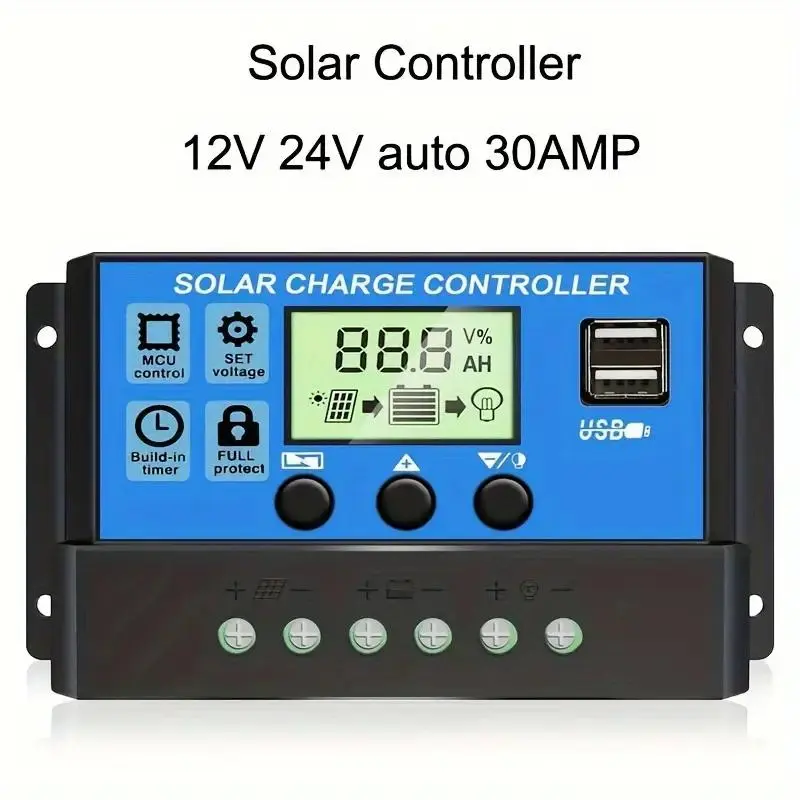 Solar Charge Controller, 1 Count LCD Display Dual USB Ports Solar Charging Panel Regulator, Timer Settings PWM Solar Panel Regulator for 12V/24V Systems