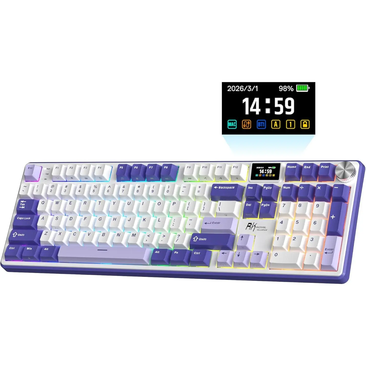 RK ROYAL KLUDGE S104 Wireless Mechanical Keyboard with Screen & Metal Knob | 101 Keys Full Size Top Mount RGB Gaming Keyboard, 8000mAh Battery, Tri-Mode BT/2.4GHz/USB-C, Hot Swap Custom Linear Switch sohochic