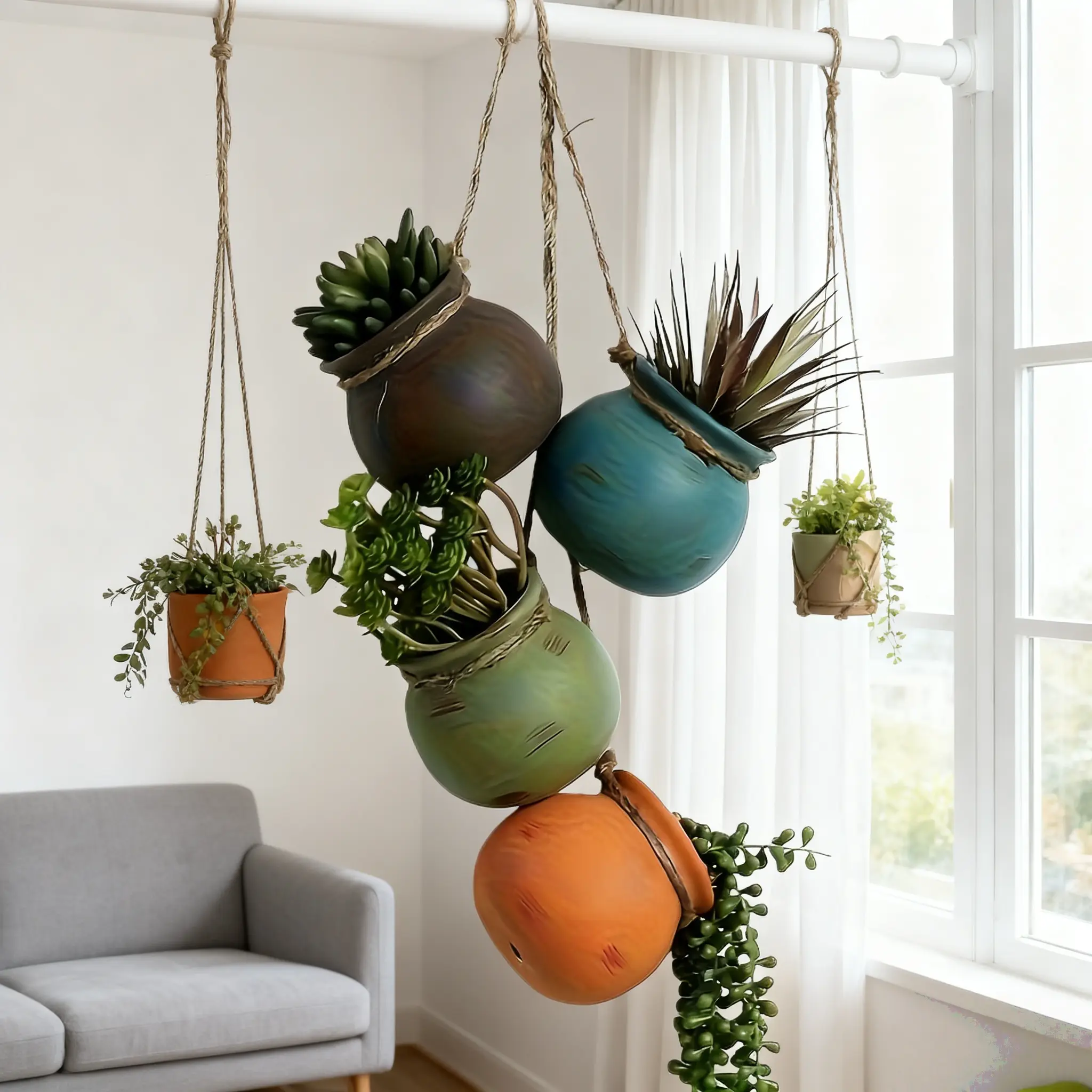 Boho Ceramic Hanging Planter Pots - Stackable Colorful Plant Holders with Jute Rope, Plant Display Solution for Home Decor Enthusiasts, Ceramic Pots