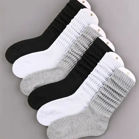 Women's 6 Pairs Solid Slouch Polyester Crew Socks, Casual Comfortable Breathable Mid Calf Socks for Daily Wear, Multipack Knit Hosiery for All Seasons, Slouch Socks, Crew Socks Women, Casual Comfy Socks