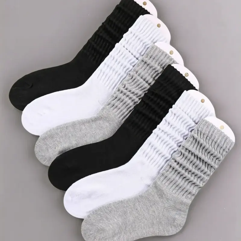 Women's 6 Pairs Solid Slouch Polyester Crew Socks, Casual Comfortable Breathable Mid Calf Socks for Daily Wear, Multipack Knit Hosiery for All Seasons, Slouch Socks, Crew Socks Women, Casual Comfy Socks