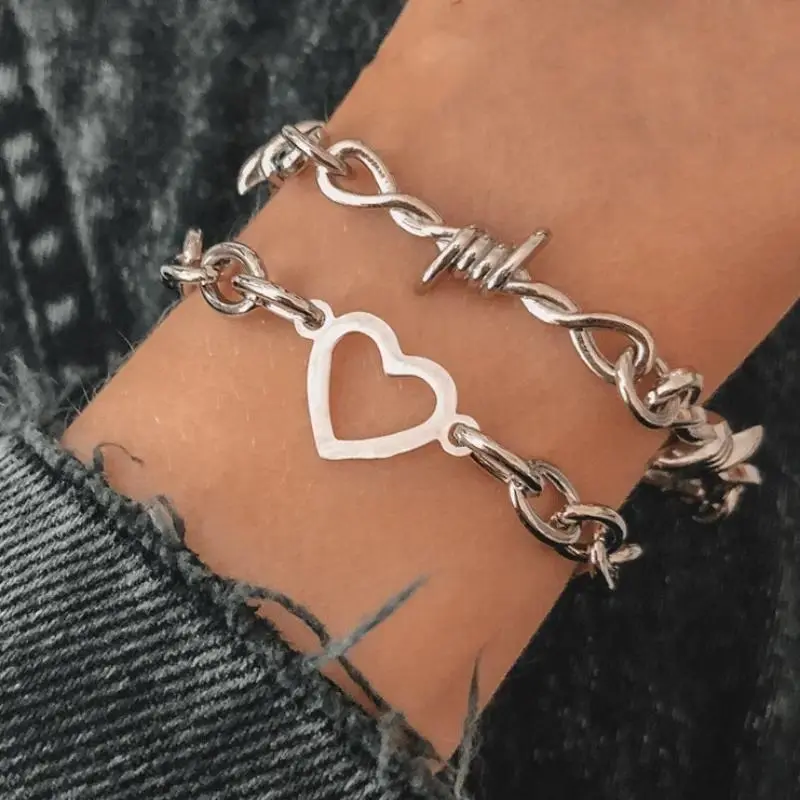 2PCS Barbed Wire Heart Bracelet Set for Women Men, Y2K Hip Hop Punk Hollow Heart Bangle Jewelry, Silvery Vintage Streetwear Aesthetic Stackable Bracelets, Edgy Concert Party Festival Accessories, Unisex Gift Set