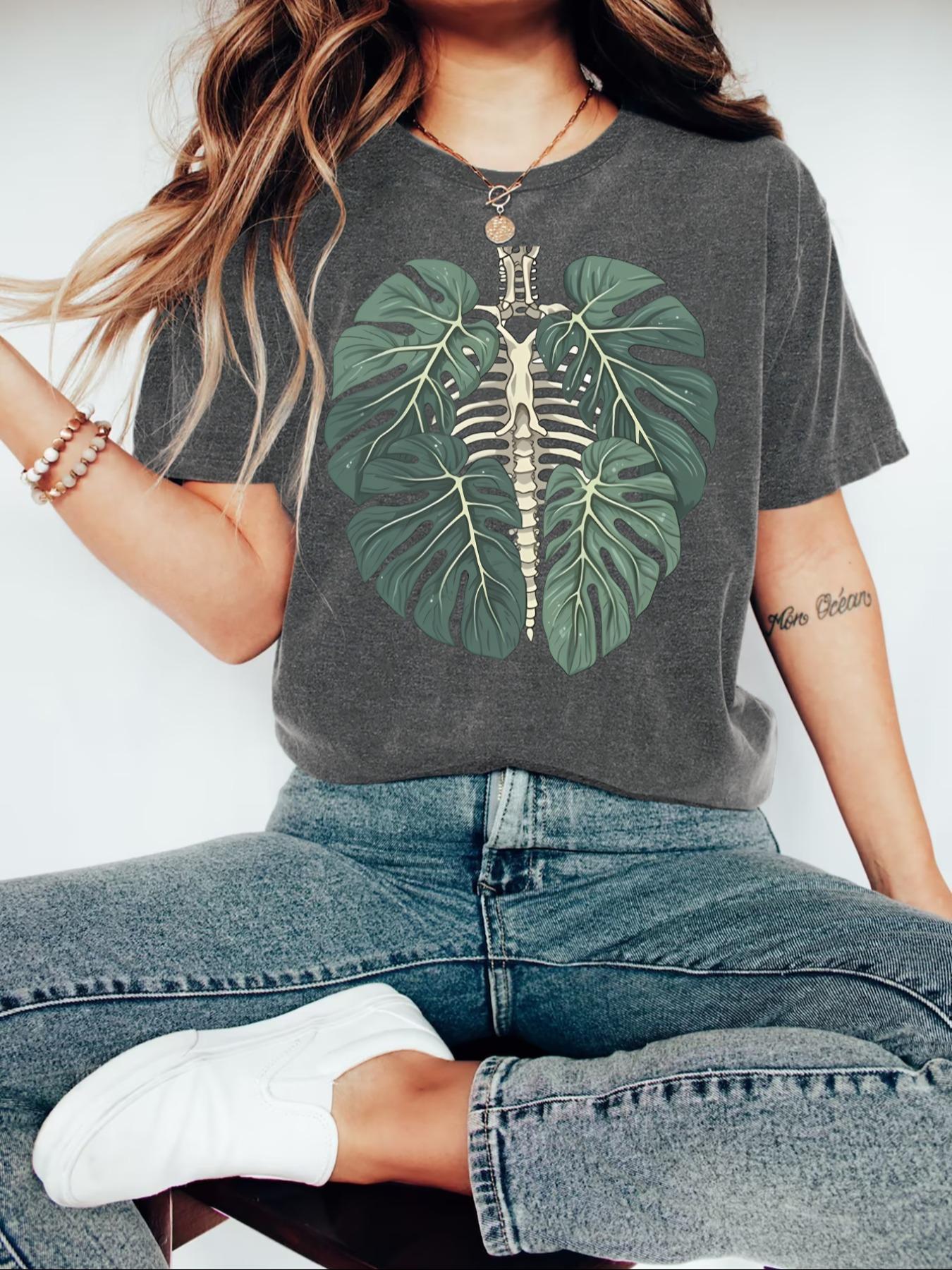 Women's Leaf Print Round Neck Graphic Tee, Vintage Trendy Bohemian Chic Casual Drop Shoulder Short Sleeve T-shirt for Daily Wear, Ladies Summer Clothes, Streetwear Tshirt, Tops