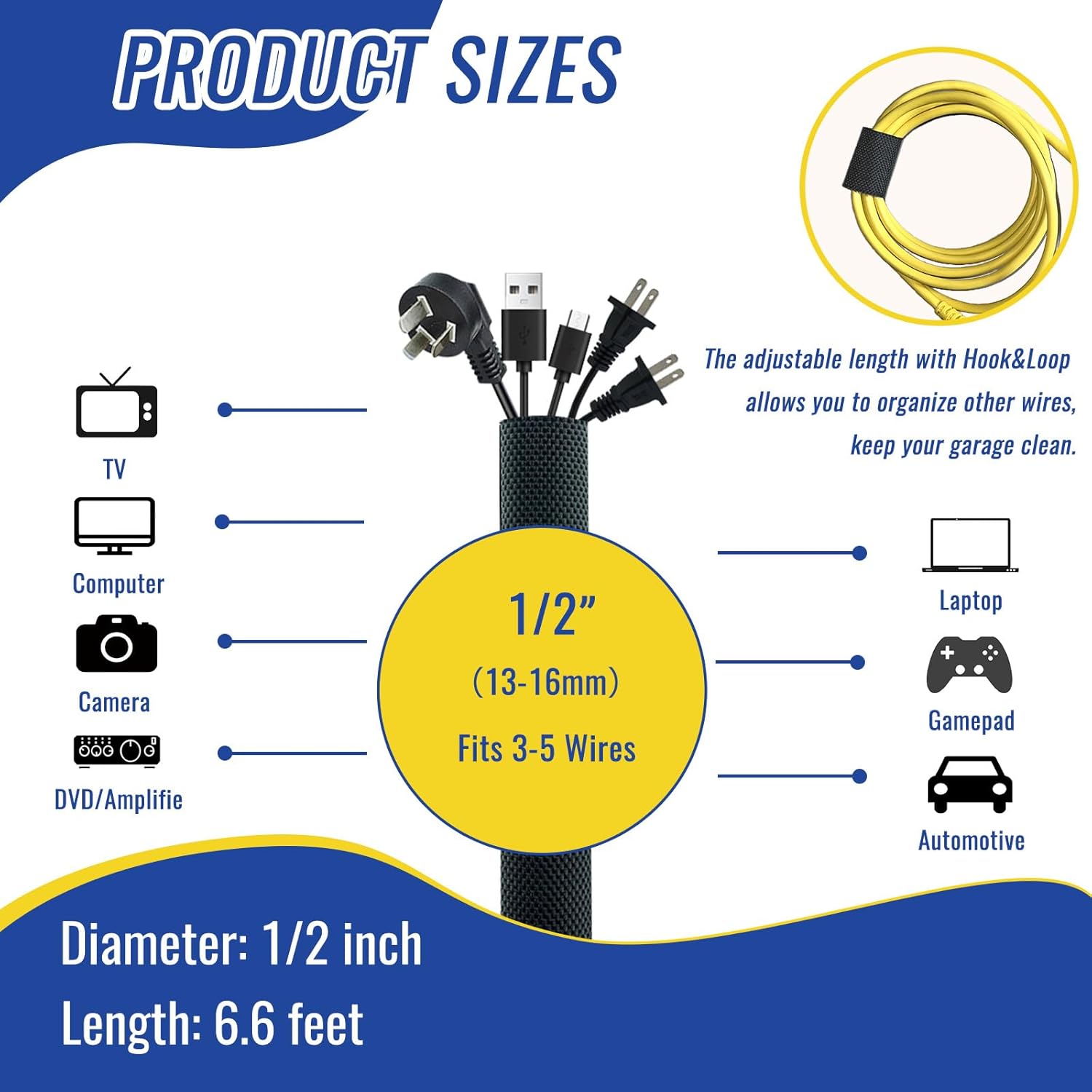 1/2" - 6.6FT Hook and Loop  Sleeve  Proof Cord Protector from Cats Split Wire Loom for USB Computer Office Automotive Audio Cables, Heavy Duty Flexible  &  Wire Sleeve - Black