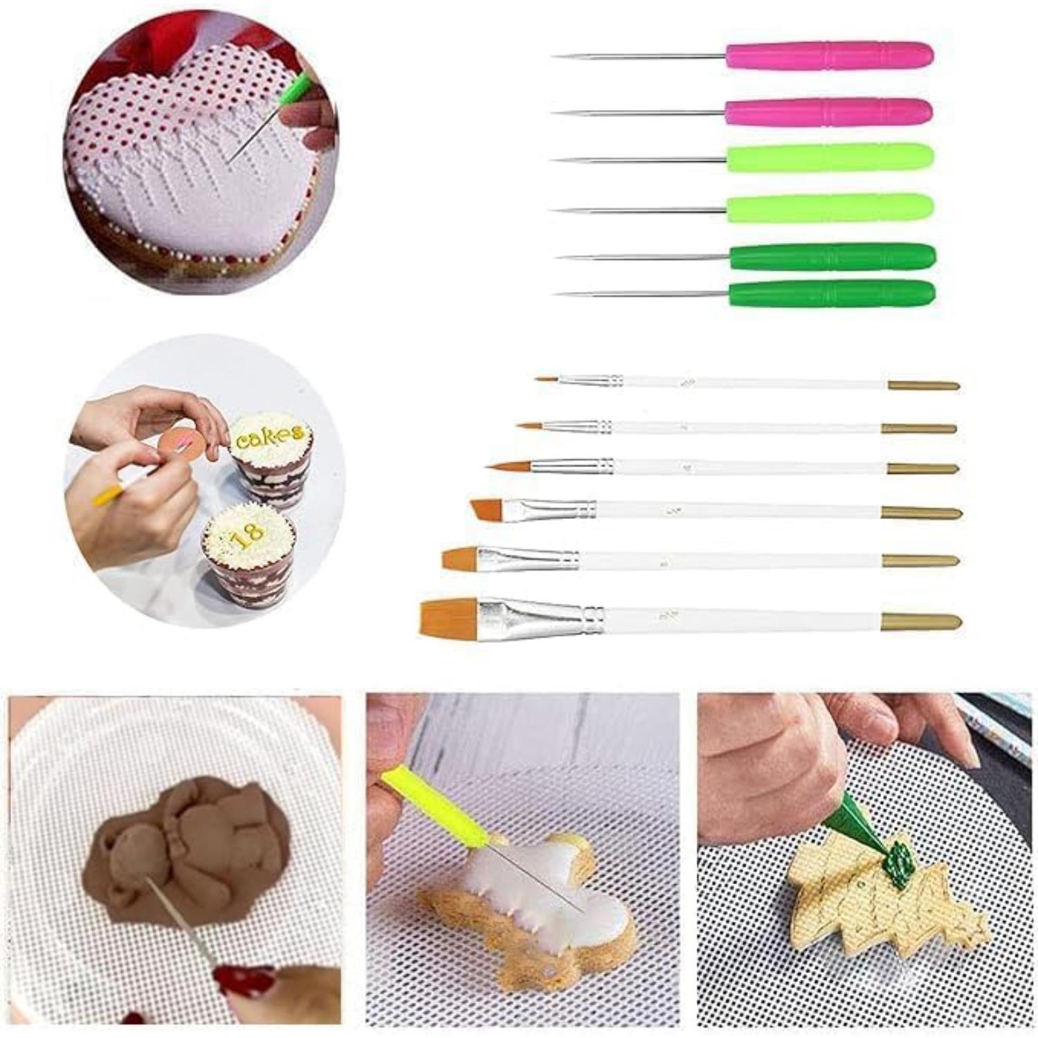19 Pcs Cookie Decorating Kit Supplies Including 1 Acrylic Turntable 6 Scribe Needle 2 Silicone Mesh Mats 6 Cookie Decoration Brushes 4 Rubber Feet Bumpers