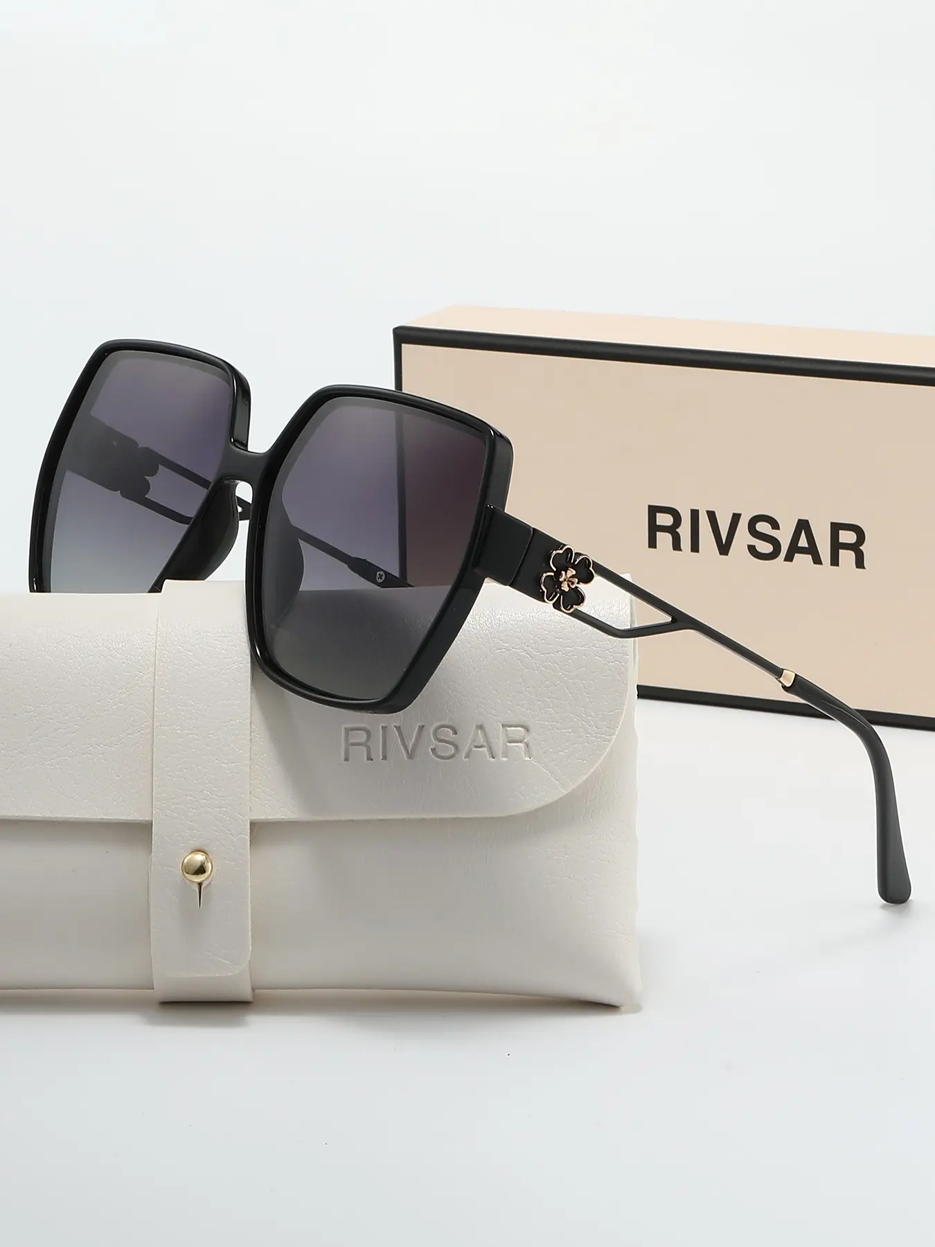 Rivsar Women's Polarized Sunglasses, Floral Design, Large Frame, Metal Temples, Ideal for Outdoor, Beach, Travel, Gift Box Included