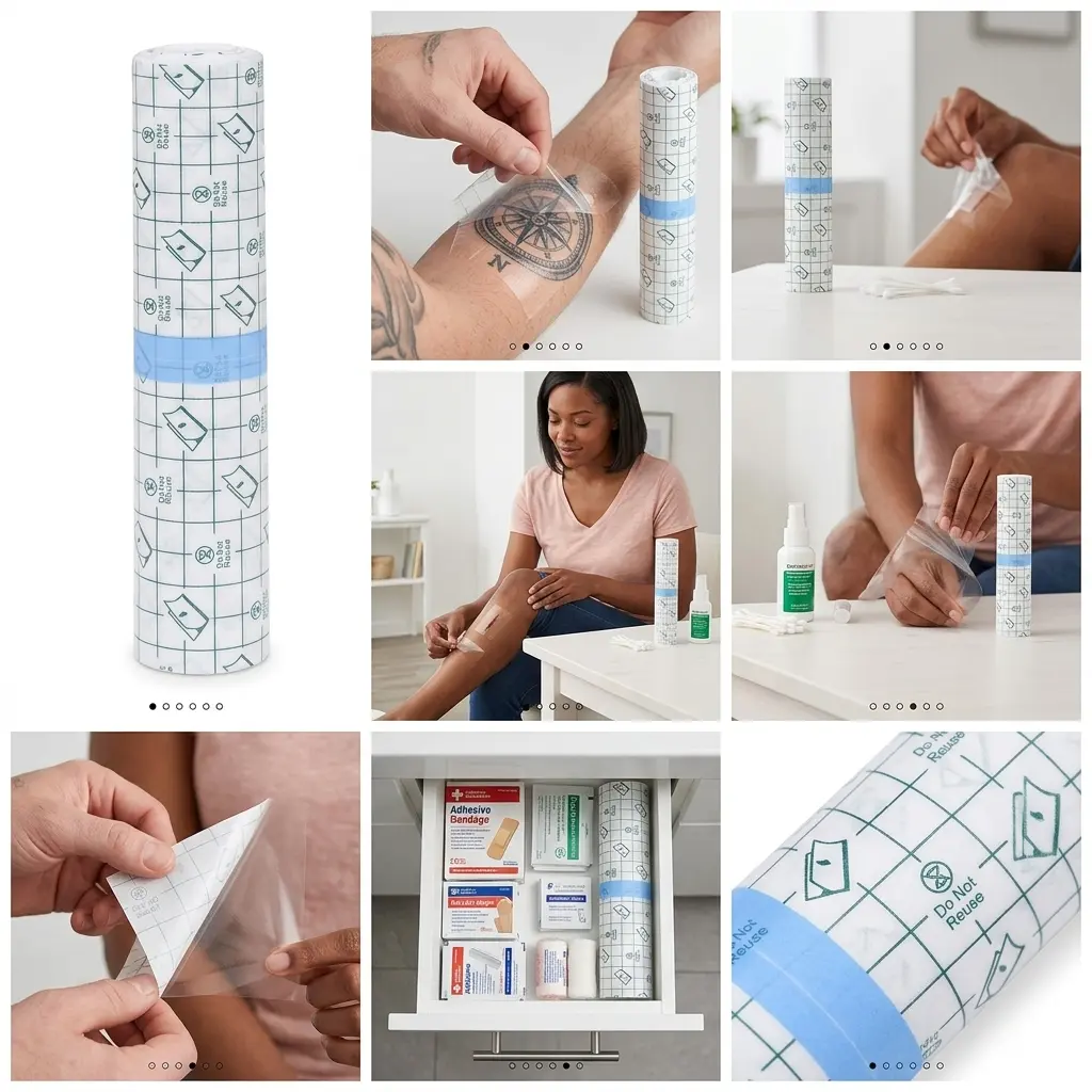 Transparent elastic stretch bandage wrap paired with waterproof sealing tape for bath and swim activities plus additional blank adhesive strips