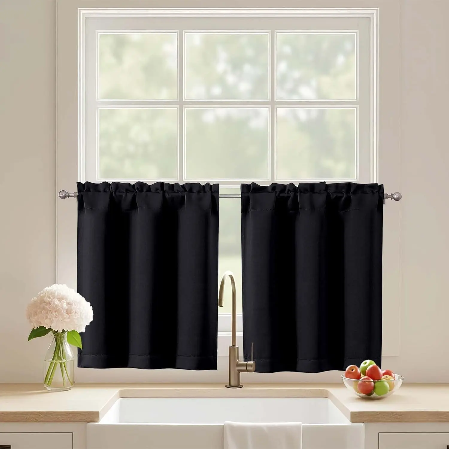 Black Light-Blocking Short Curtains, 2-Pack 30Wx24L In Rod Pocket Cafe Curtains for Kitchen Sink & Bathroom Half Windows