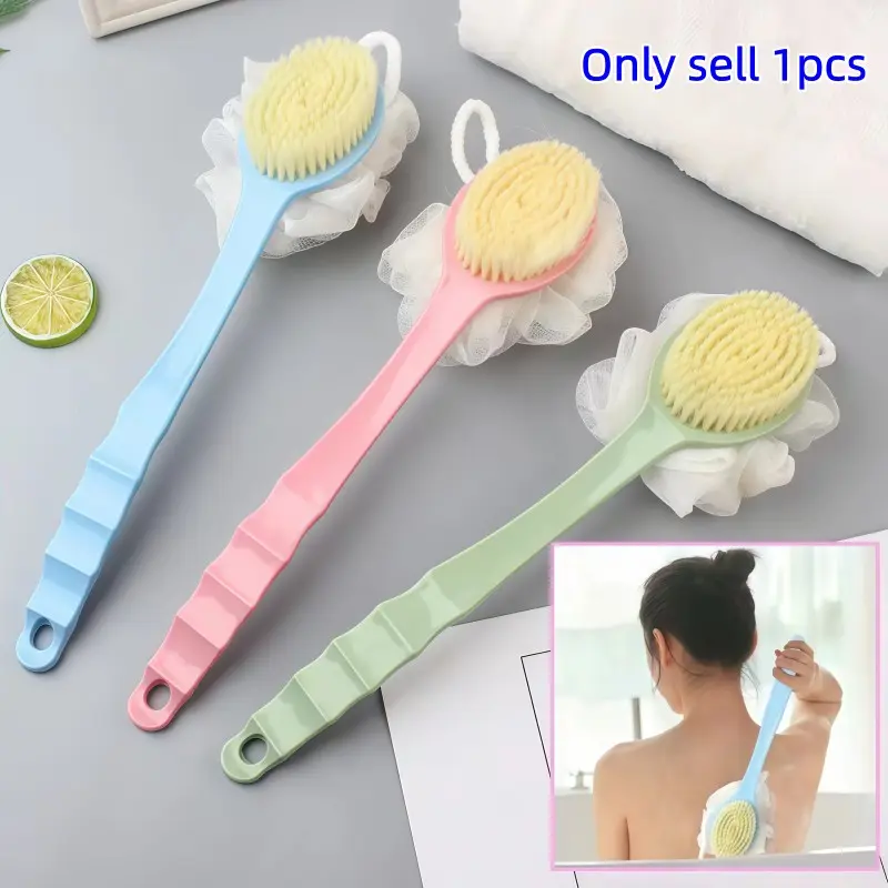 2-In-1 Back Cleaning Shower Brush Set, Long Handle Exfoliating Tool Body Scrubber with Bath Sponge, Durable Dual Head Design for Oily Skin Care, Bathroom Supplies, Bath Accessories