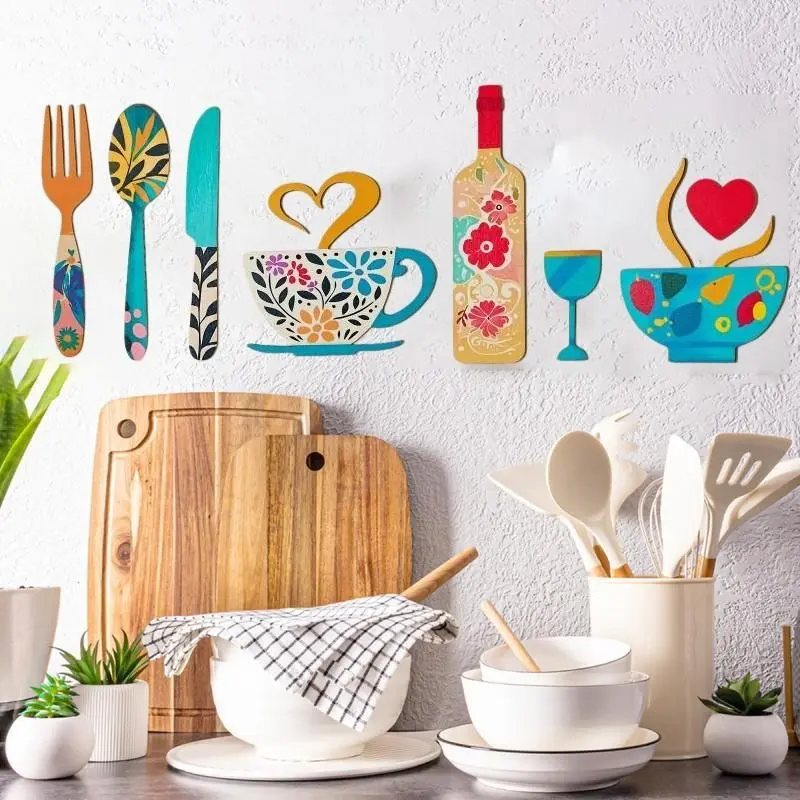 1 set Colorful Kitchen Utensil Wooden Wall Hanging Set, Floral Fork Spoon Knife Coffee Cup Wine Bottle Wood Wall Sign, Boho Farmhouse Kitchen Dining Room Indoor Aesthetic Wall Decor Home Wall Ornament Cooking Lover Housewarming Gift